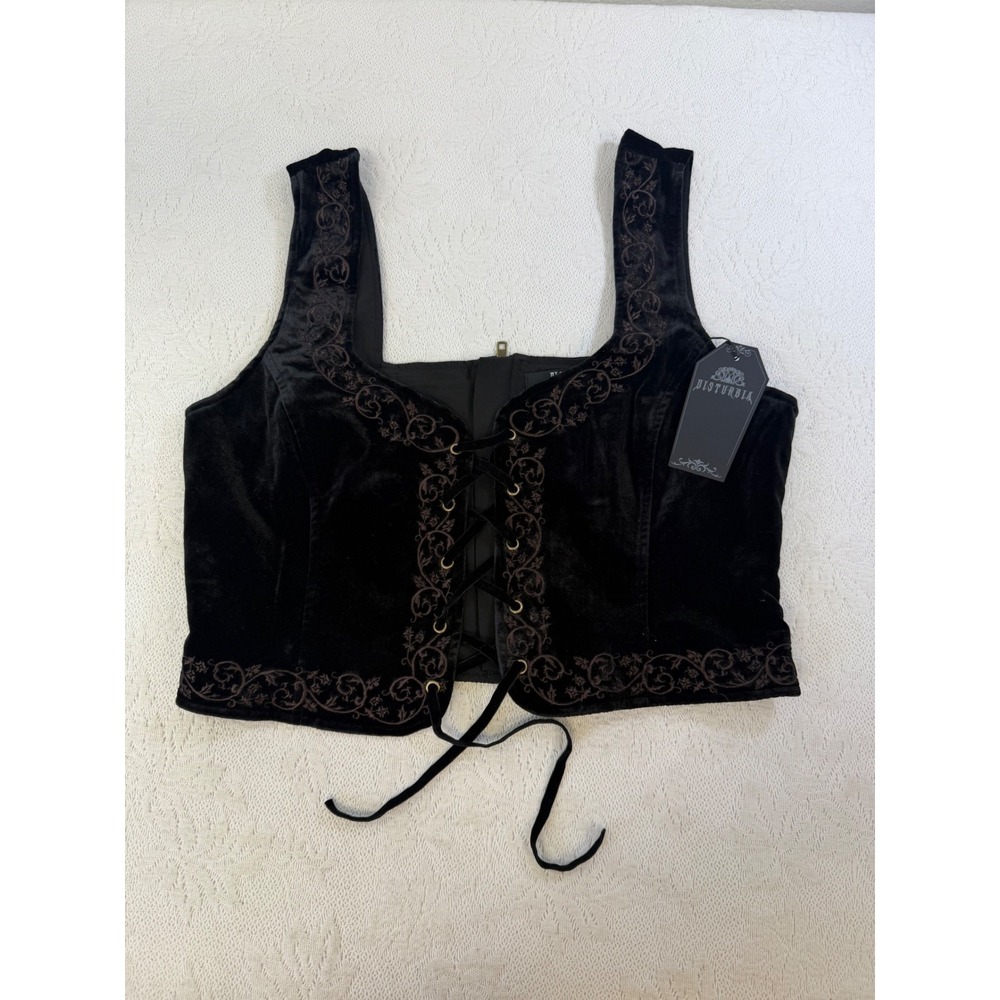Disturbia Gilda Tie Front Velour Waistcoat Corset Black TO2791 US 10 UK 14 EU 42